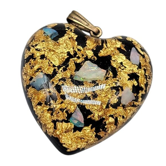 Heart Shaped Floating Gold MOP Pendant Translucent Semi Precious Flakes - Picture 2 of 7